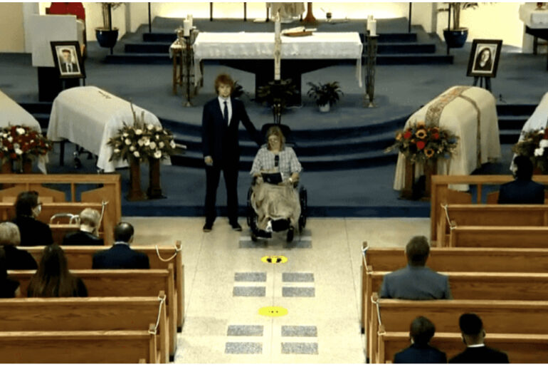 Devastated mother fights back tears while speaking at the funeral for husband, 3 kids murdered by her own brother
