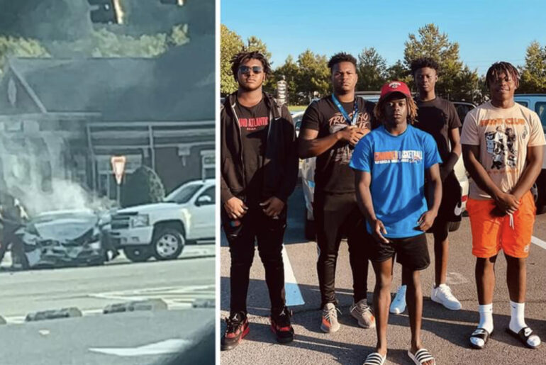 Screaming woman trapped in car as smoke pours out after crash – but 5 high school footballers are on hand