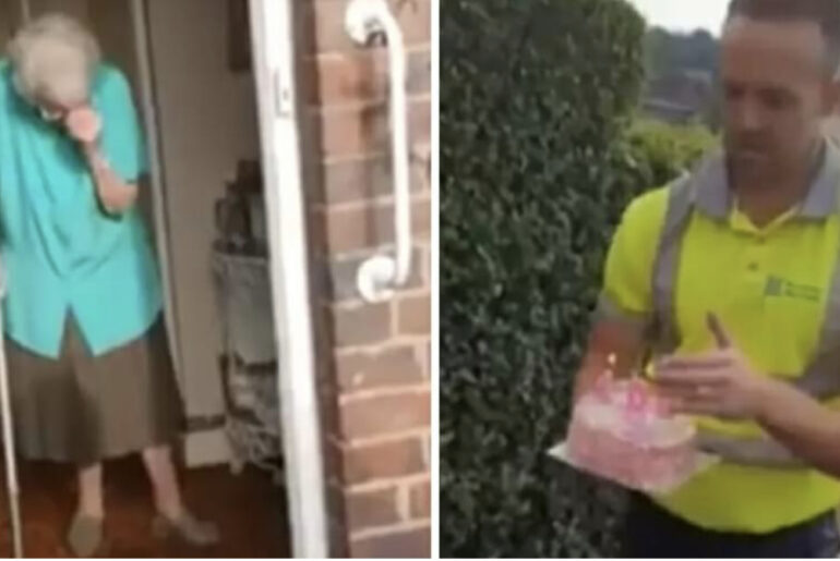 Garbage man shows up with birthday cake for 100-year-old woman, and she can’t hide her emotion