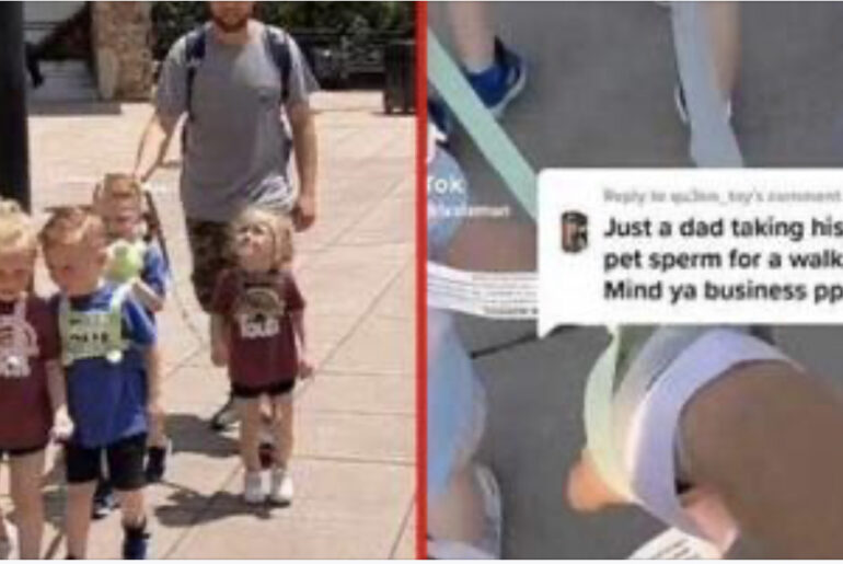 A Father walking with his quintuplets children with the help of leash