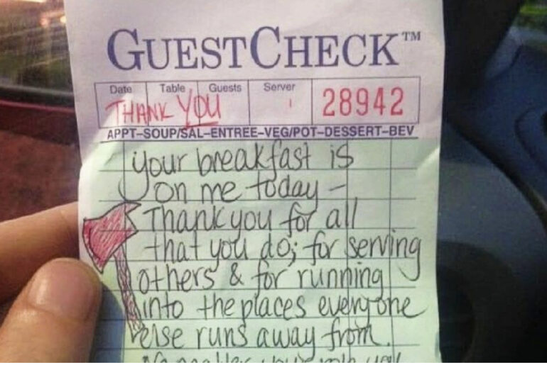 Waitress leaves touching note on firefighters’ tab not knowing it would change everything