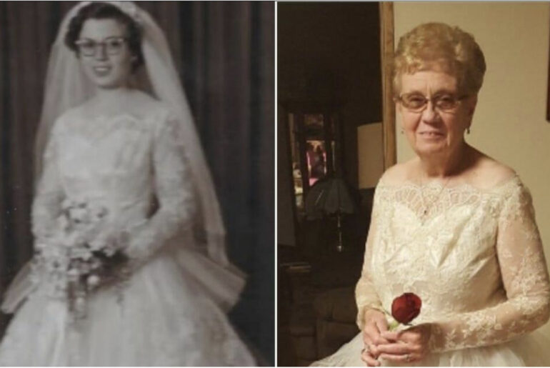 80-year-old celebrates 60th marriage anniversary by fitting into her original wedding dress